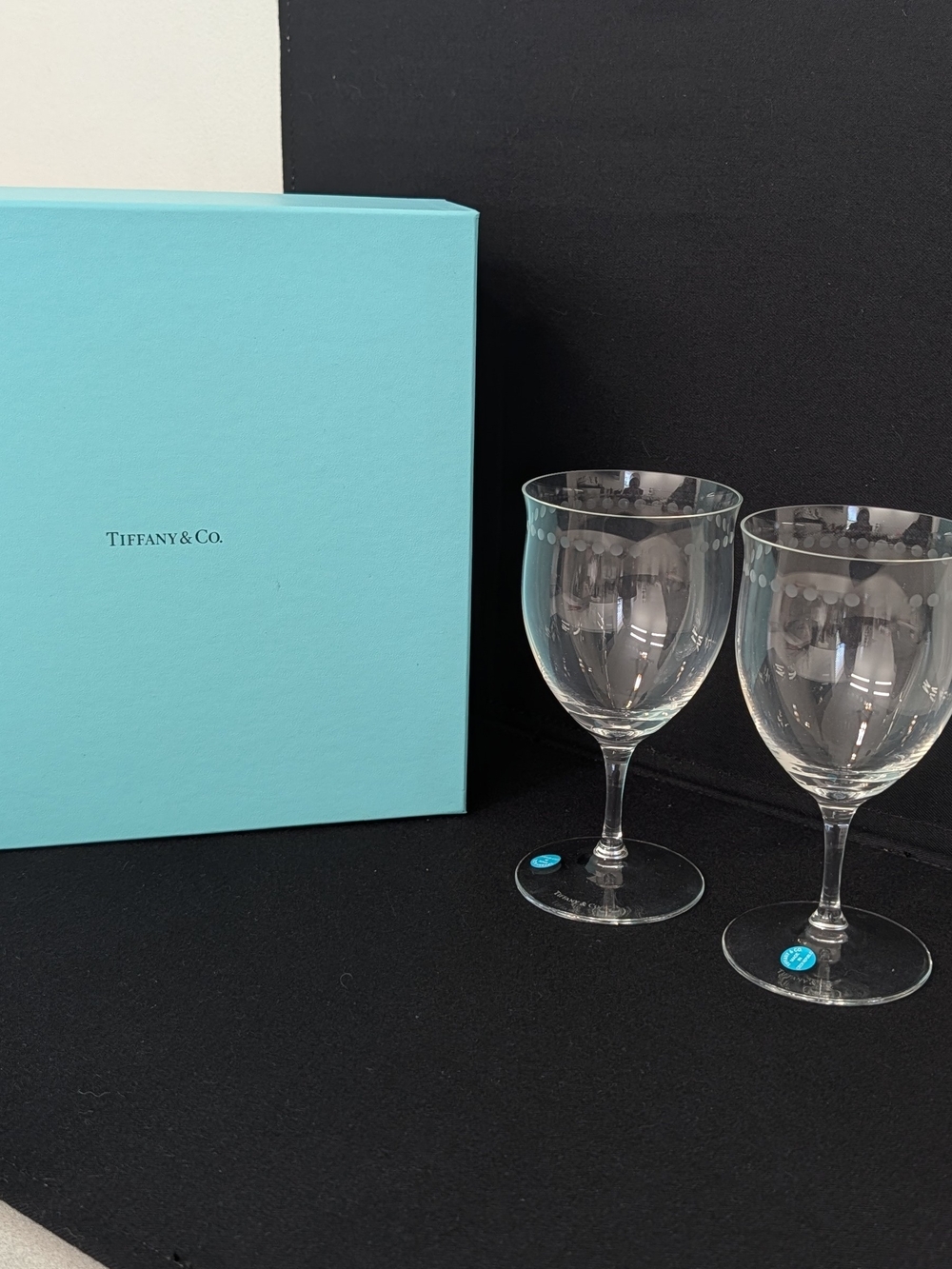 Tiffany & Co. Blue Box with Clear Etched Wine Glasses